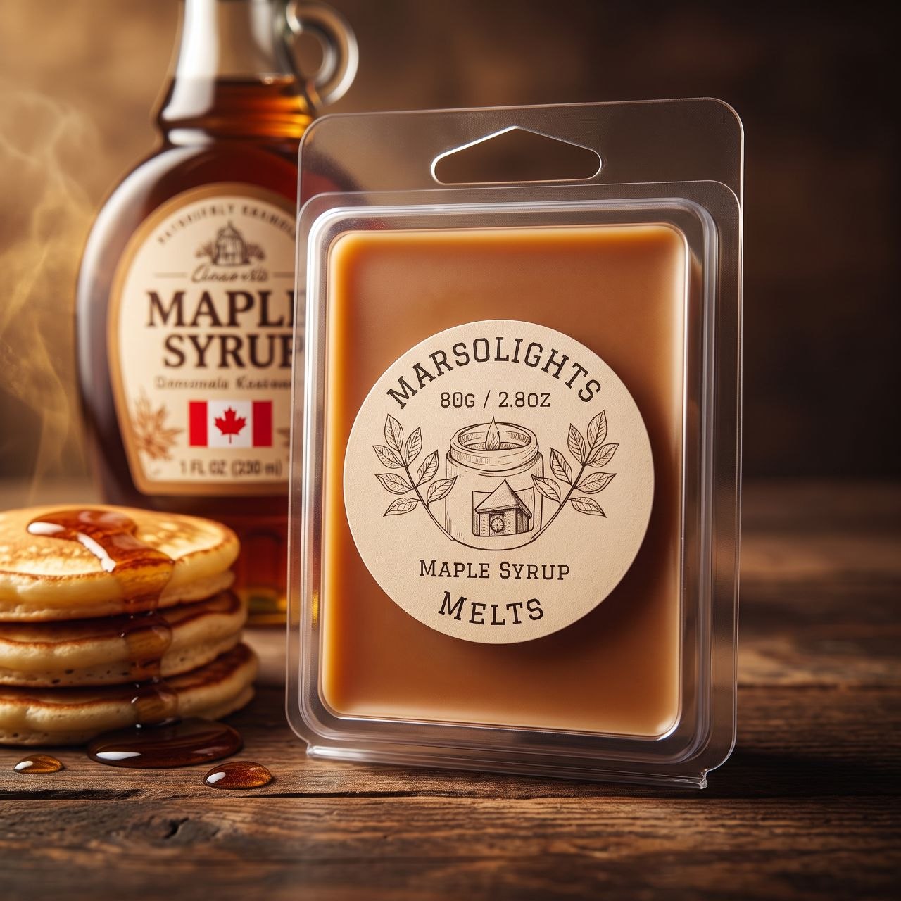 A package of Marsolights Maple Syrup Melts in a clear plastic clamshell, shown in front of a bottle of maple syrup and a stack of pancakes on a rustic wooden table.2.8 ounces or 80 grams. 6 cubes each cubes last about 12-24 hours before needed to be replaced.
Made in Canada. Soy Wax