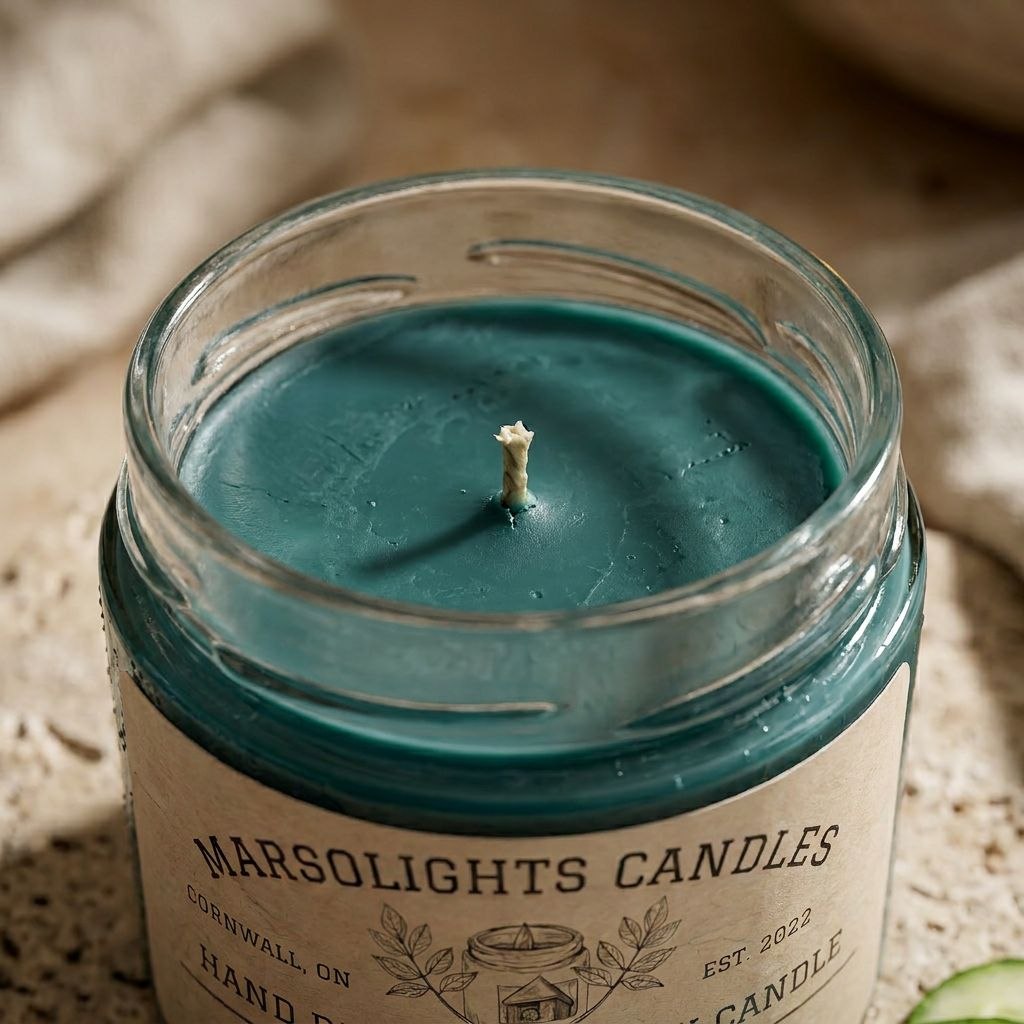 A teal green wax candle in a clear glass jar with a beige paper label reading 'MARSOLIGHTS CANDLES', photographed close-up on a neutral fabric surface.