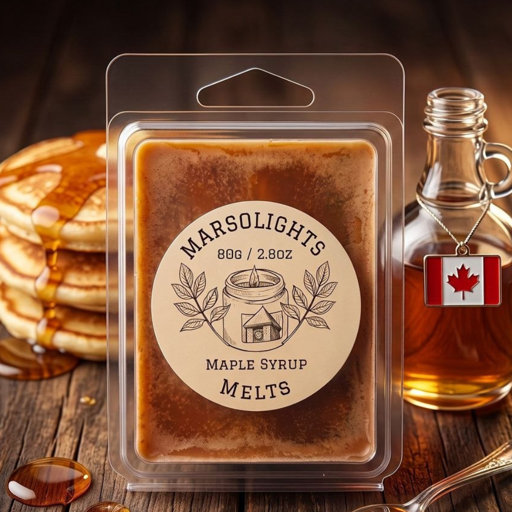 Marsolights Maple Syrup Melts in a clear plastic clamshell package, displayed on a rustic wooden table with pancakes, syrup, and a glass bottle with a Canadian flag charm.
2.8 ounces or 80 grams. 6 cubes each cubes last about 12-24 hours before needed to be replaced.
Made in Canada.