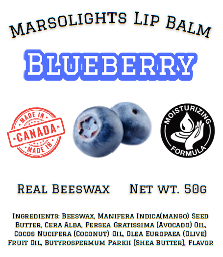 Marsolights Blueberry Lip Balm. Made with Mango Butter, Bees Wax, Avacado Oil, Coconut Oil, Olive Oil, Shea Butter, and Flavour Oil. Net Weight 50g Made in Canada
