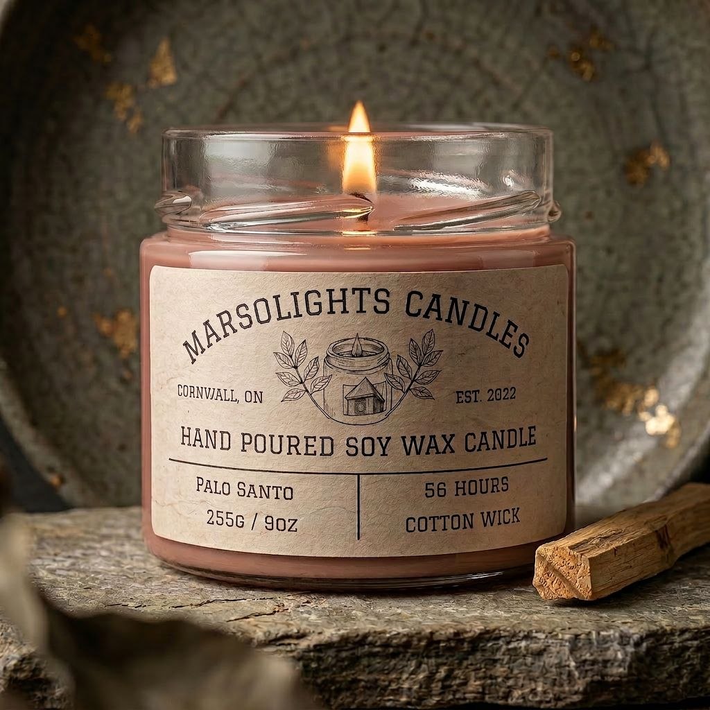 The candle is styled on a rustic stone surface with a Palo Santo Stick and a textured ceramic plate.
Candle Size: 9 ounces or 255 Grams
Scent Profile: Palo Santo Wood, Siberian Fir, Amber, Siberian Fir
Burn time: 56 Hours 
Wick Type: Cotton
Made in Canada
