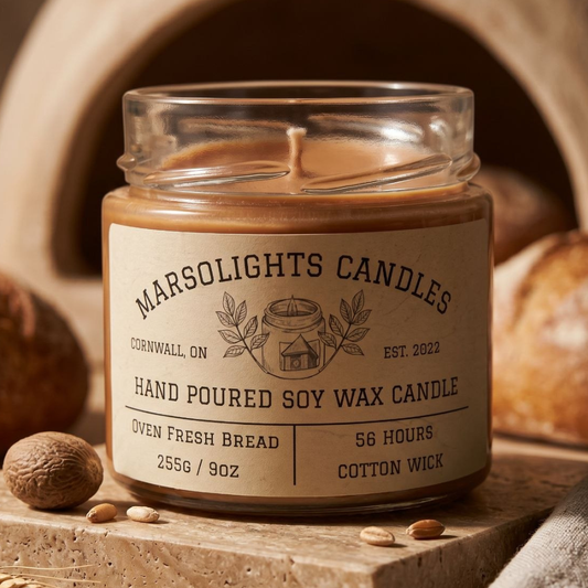 Oven Fresh Bread Candle styled on a stone surface with bread and nut props in a warm rustic setting.
Size: 9 ounces or 255 grams
Scent Profile: Dough, Seeds, Butter and Baked Bread Accord
Burn time: 56 hours Estimated burn time
Wick Type: Cotton
Made in Canada