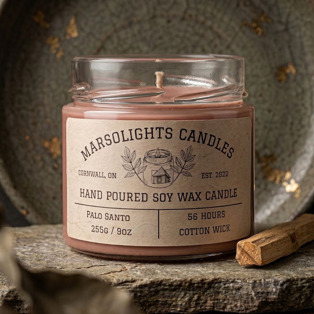 The candle is styled on a rustic stone surface with a Palo Santo Stick and a textured ceramic plate.
Candle Size: 9 ounces or 255 Grams
Scent Profile: Palo Santo Wood, Siberian Fir, Amber, Siberian Fir
Burn time: 56 Hours 
Wick Type: Cotton
Made in Canada