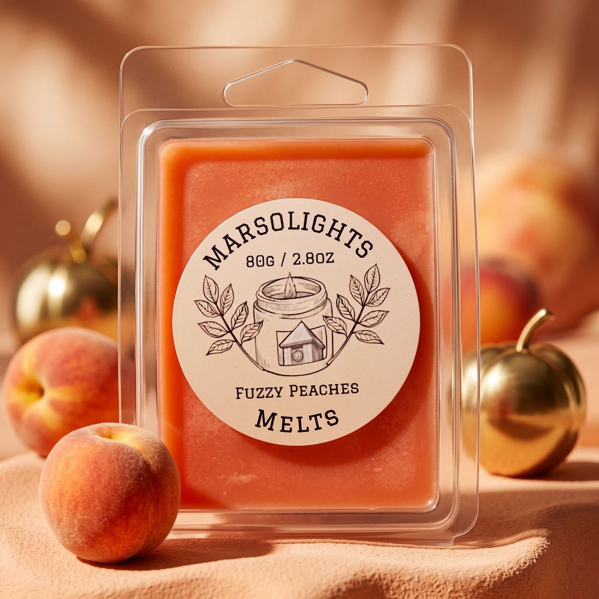 Fuzzy Peaches Wax Melts displayed with peach and candy-inspired décor. The fragrance features ripe peach, red berries and banana peel, with peach blossom and jasmine, finished with apple orchard and soft musk. 80 g or 2.8 oz, approximately 8–10 hours aroma per cube, soy wax, made in Canada, paraben free.