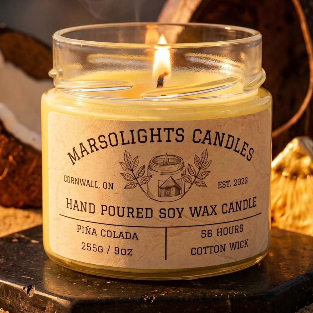 Pina Colada Soy Scented Candle
Made in Canada
Burn time: 56 hours
Wick Type Cotton HTP Safe to Burn
Paraben Free, Phthalate Free
Wax Type: Soy 
Scent Profile: Pineapple,  Coconut, Vanilla