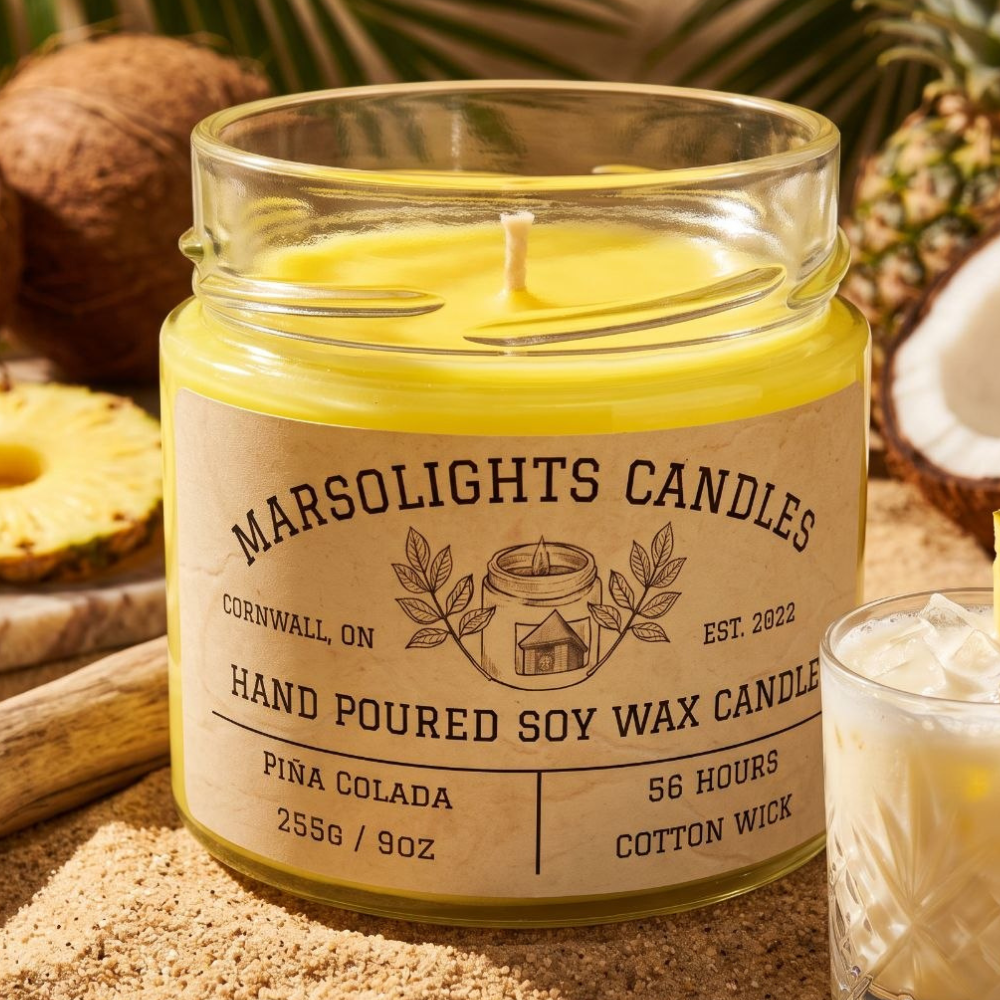 Pina Colada Soy Scented Candle
Made in Canada
Burn time: 56 hours
Wick Type Cotton HTP Safe to Burn
Paraben Free, Phthalate Free
Wax Type: Soy 
Scent Profile: Pineapple,  Coconut, Vanilla