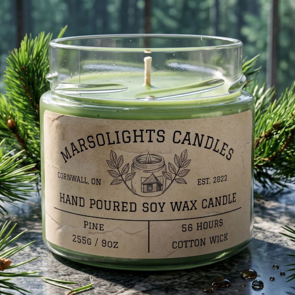 Pine Soy Candle displayed with natural woodland-inspired décor. The candle features crisp pine needles, earthy balsam fir, cypress and eucalyptus notes with warm camphor in the base. 9 ounce or 255 grams, 56-hour burn time, cotton wick, soy candle, made in Canada, paraben free.