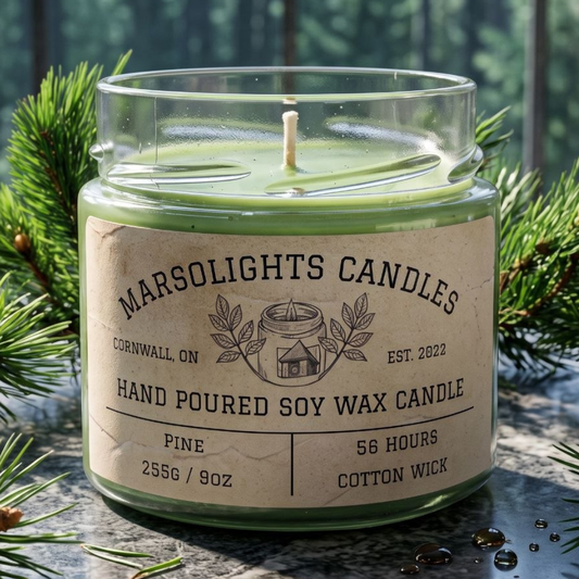 Pine Soy Candle displayed with natural woodland-inspired décor. The candle features crisp pine needles, earthy balsam fir, cypress and eucalyptus notes with warm camphor in the base. 9 ounce or 255 grams, 56-hour burn time, cotton wick, soy candle, made in Canada, paraben free.