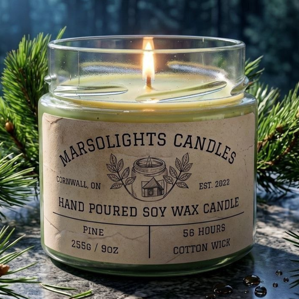 Pine Soy Candle displayed with natural woodland-inspired décor. The candle features crisp pine needles, earthy balsam fir, cypress and eucalyptus notes with warm camphor in the base. 9 ounce or 255 grams, 56-hour burn time, cotton wick, soy candle, made in Canada, paraben free.