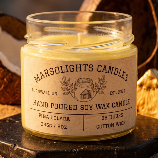 Pina Colada Soy Scented Candle
Made in Canada
Burn time: 56 hours
Wick Type Cotton HTP Safe to Burn
Paraben Free, Phthalate Free
Wax Type: Soy 
Scent Profile: Pineapple,  Coconut, Vanilla