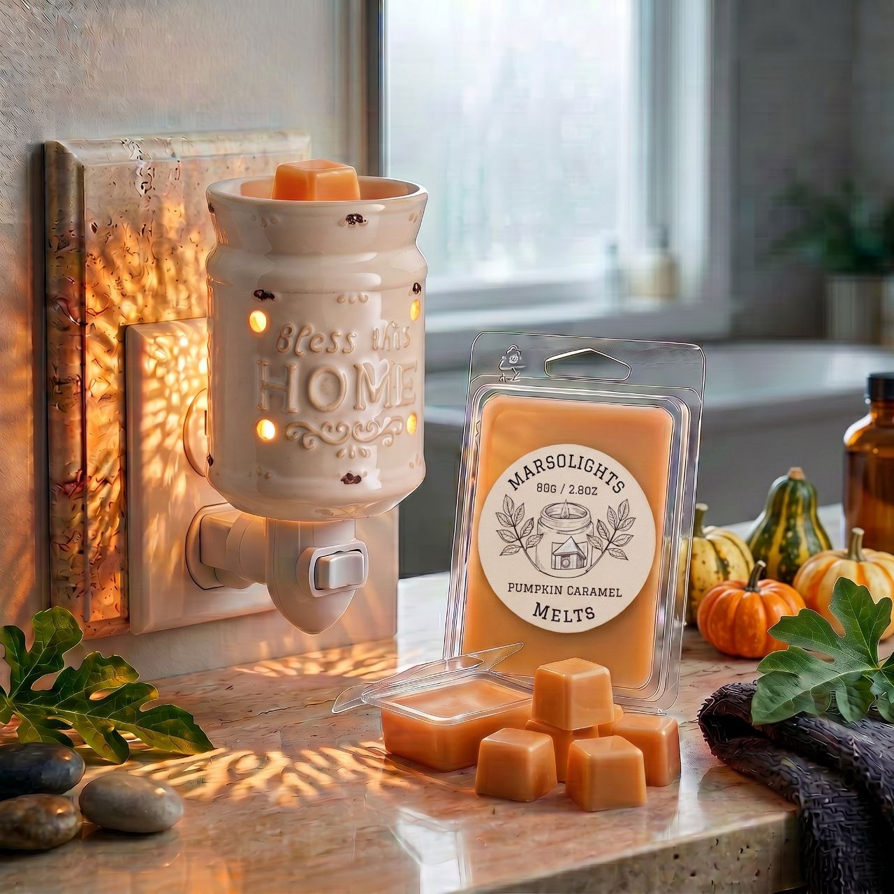 Pumpkin Caramel Wax Melts displayed with autumn décor. The fragrance features creamy pumpkin purée, warm spices and caramelized French vanilla for a rich, sweet fall aroma.
80 grans or 2.8 ounce for 6 cubes