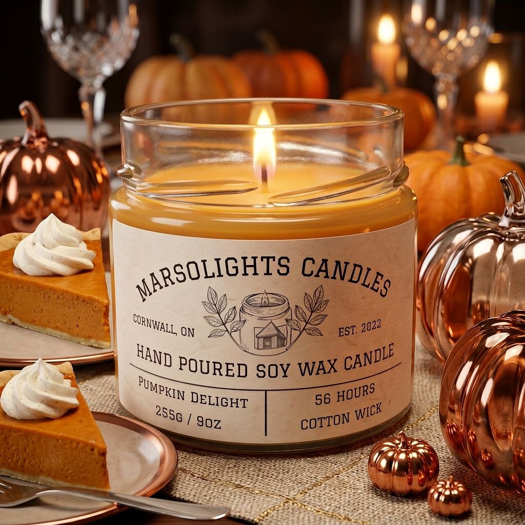 Pumpkin Delight Soy Candle on a table with plates of pumpkin pie and glass decor. Our candle features notes of almond butter, butter rum, pumpkin, allspice, bourbon, and vanilla.

Candle Size: 9 ounce or 255 grams
Burn time: 56 hours
Cotton Wick/ Soy Candle/ Made in Canada/ Paraben Free
