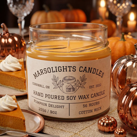 Pumpkin Delight Soy Candle on a table with plates of pumpkin pie and glass decor. Our candle features notes of almond butter, butter rum, pumpkin, allspice, bourbon, and vanilla.

Candle Size: 9 ounce or 255 grams
Burn time: 56 hours
Cotton Wick/ Soy Candle/ Made in Canada/ Paraben Free
