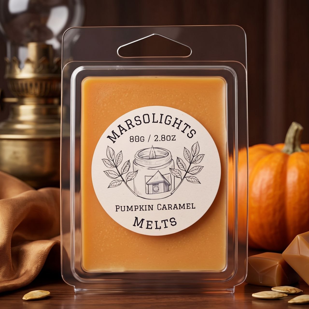Pumpkin Caramel Wax Melts displayed with autumn décor. The fragrance features creamy pumpkin purée, warm spices and caramelized French vanilla for a rich, sweet fall aroma.
80 grans or 2.8 ounce for 6 cubes