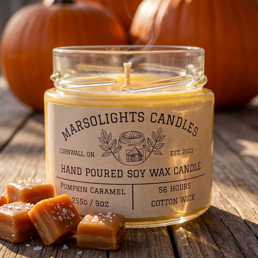 Pumpkin Caramel Soy Candle. Our candle features notes of creamy pumpkin purée, cinnamon, cardamom, clove leaf, French vanilla, and caramelized sugar. 9 ounce or 255 grams, 56-hour burn time, cotton wick, soy candle, made in Canada, paraben free.