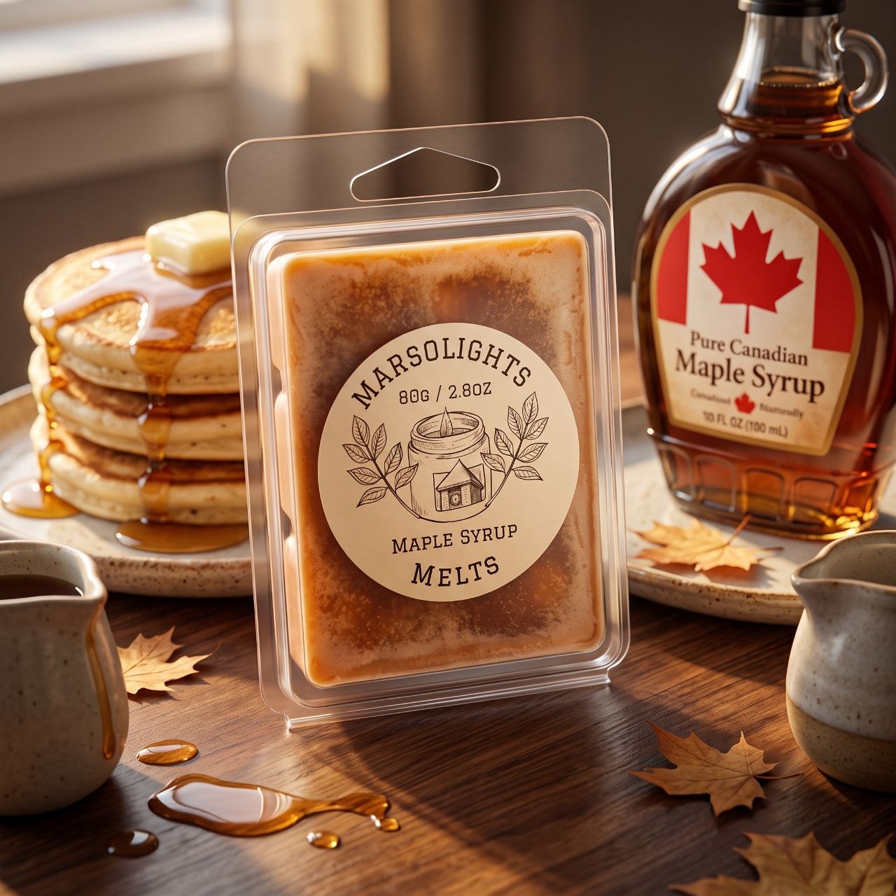 A packaged maple syrup melt in a clear plastic clamshell package stands on a wooden table, with a bottle of pure Canadian maple syrup and pancakes with syrup in the background. The package label reads Marsolights Maple Syrup Melts. 2.8 ounces or 80 grams. 6 cubes each cubes last about 12-24 hours before needed to be replaced.
Made in Canada.