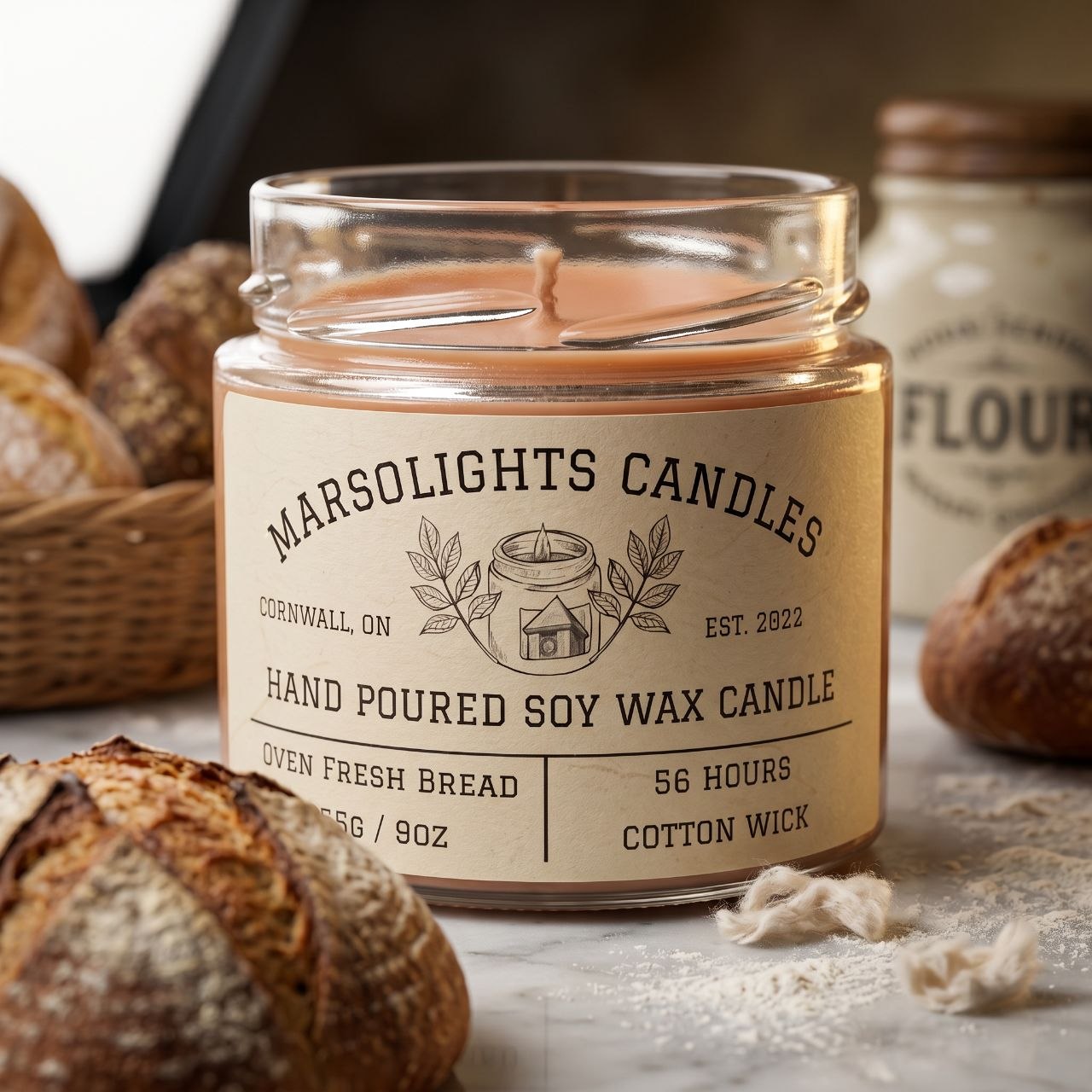 Oven Fresh Bread Candle styled on a stone surface with bread in a warm rustic setting.
Size: 9 ounces or 255 grams
Scent Profile: Dough, Seeds, Butter and Baked Bread Accord
Burn time: 56 hours Estimated burn time
Wick Type: Cotton
Made in Canada