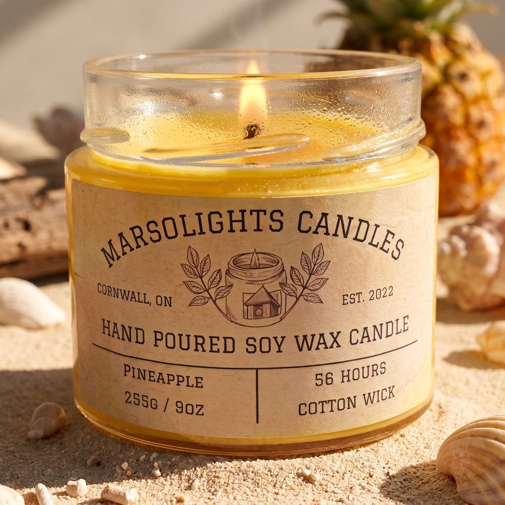 Pineapple Soy Candle — a tropical getaway in a jar. This juicy scent opens with ripe pineapple and banana, followed by bright bursts of orange juice and creamy piña colada. It all wraps up with smooth vanilla and tonka bean for a sun-soaked, feel-good finish. Hand-poured with clean-burning soy wax and premium fragrance oils, it’s perfect for days when you just want to relax, vibe, and pretend you're oceanside. 

Wick type: Cotton
Burn time: 56 Hours
Size: 255g or 9 ounce
Made in Canada
Shipping Available. 