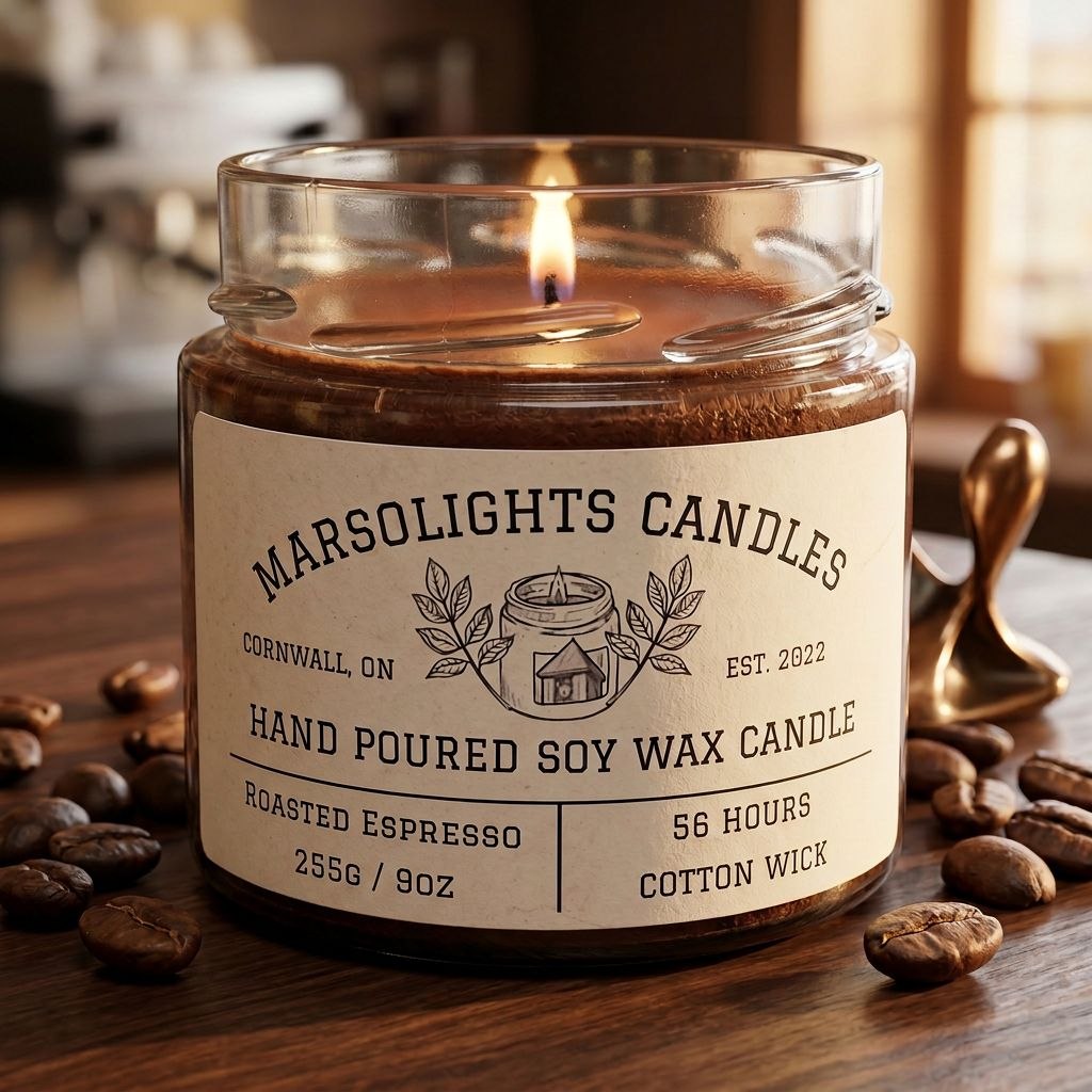 A clear glass soy wax candle jar with a label that reads 'Marsolights Candles, Hand Poured Soy Wax Candle, Roasted Espresso, 255g/9oz, 56 hours'. The jar is placed on a wooden surface with scattered coffee beans around it.