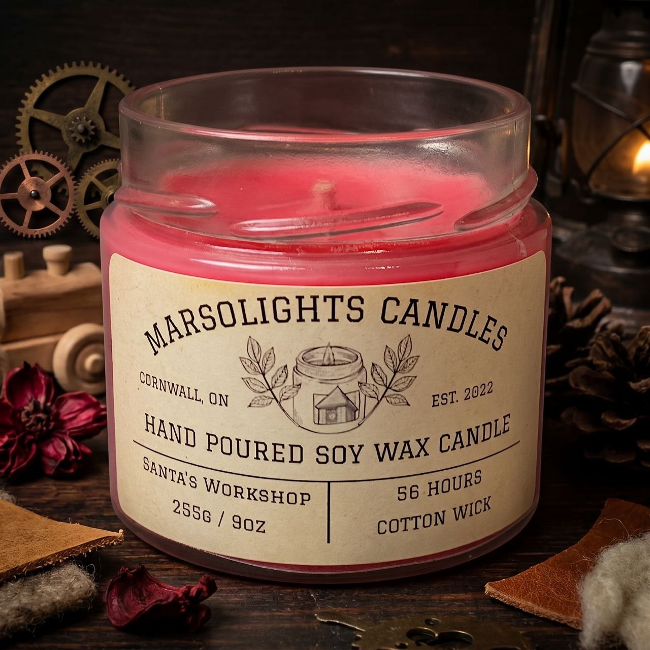 Santa's Workshop Soy Candle
9 ounces or 255 grams
Burn time: 56 hors
Scent Profile : Cedarwood, Cherry Oak & Cognac
Wick: Cotton
Made in Canada 
Paraben Free