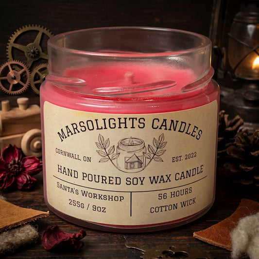 Santa's Workshop Soy Candle
9 ounces or 255 grams
Burn time: 56 hors
Scent Profile : Cedarwood, Cherry Oak & Cognac
Wick: Cotton
Made in Canada 
Paraben Free