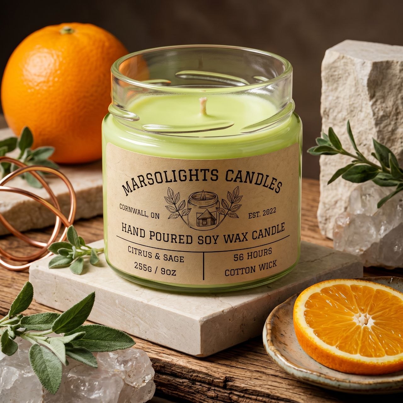 Citrus and Sage Soy Candle Sitting on a table with citrus and safe -  Orange, Sage, Bergamot & Eucalyptus Blend . 9 Ounces or 255 grams. 56 Hours Burn time. Cotton Wick. Made in Canada. 