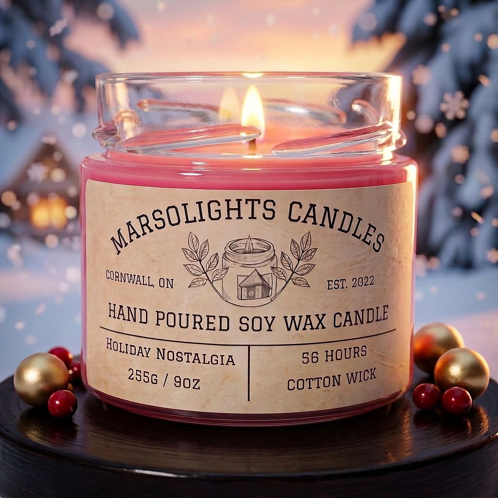 Holiday Nostalgia Soy Candle displayed with festive holiday décor. The candle features juicy pomegranate, sweet blackberry, fresh evergreen boughs and rich mahogany notes. 9 ounce or 255 grams, 56-hour burn time, cotton wick, soy candle, made in Canada, paraben free.