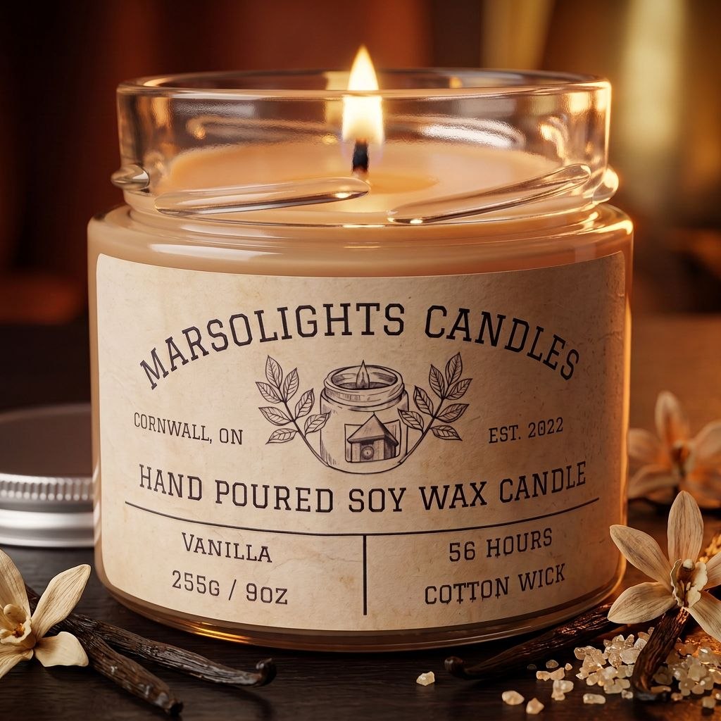 Vanilla Soy Scented Candle on a Wood Table with Vanilla Decor
Fragrance Notes:
Top: Coconut, Vanilla Crunch
Mid: Cinnamon, Honeyed Soft Butter
Base: Cassia Root, Vanilla Sugar, Tonka Bean
Size: 255 grams or 9 ounces
Burn time: 56 Hours
Paraben Free
Made in Canada