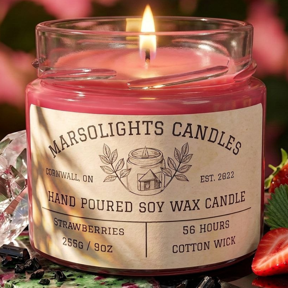 Fresh Strawberries Soy Candle displayed with fresh strawberry and fruit-inspired décor. The candle features ripe strawberries, zesty citrus, tropical pineapple, coconut water and a subtle hint of witch hazel. 9 ounce or 255 grams, 56-hour burn time, cotton wick, soy candle, made in Canada, phthalate free.