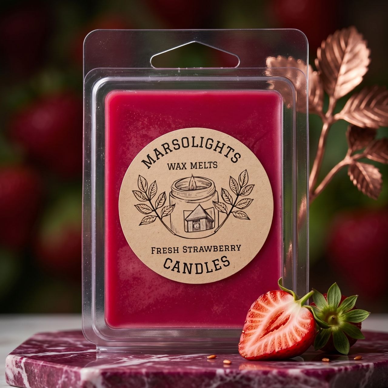 Fresh Strawberry Scented Soy Wax Melt
Size: 80 gram or 2.8 ounces, 6 cubes
Made in Canada
Phthalate & Paraben free
Scent time: 6-8 hour per cube 
Scent Profile:
Top: Fresh Strawberry, Sweet Orange, Citrus Zest
Middle: Juicy Strawberry, Ripe Berry, Soft Floral Notes
Base: White Musk, Warm Amber, Sweet Balsamic Woods