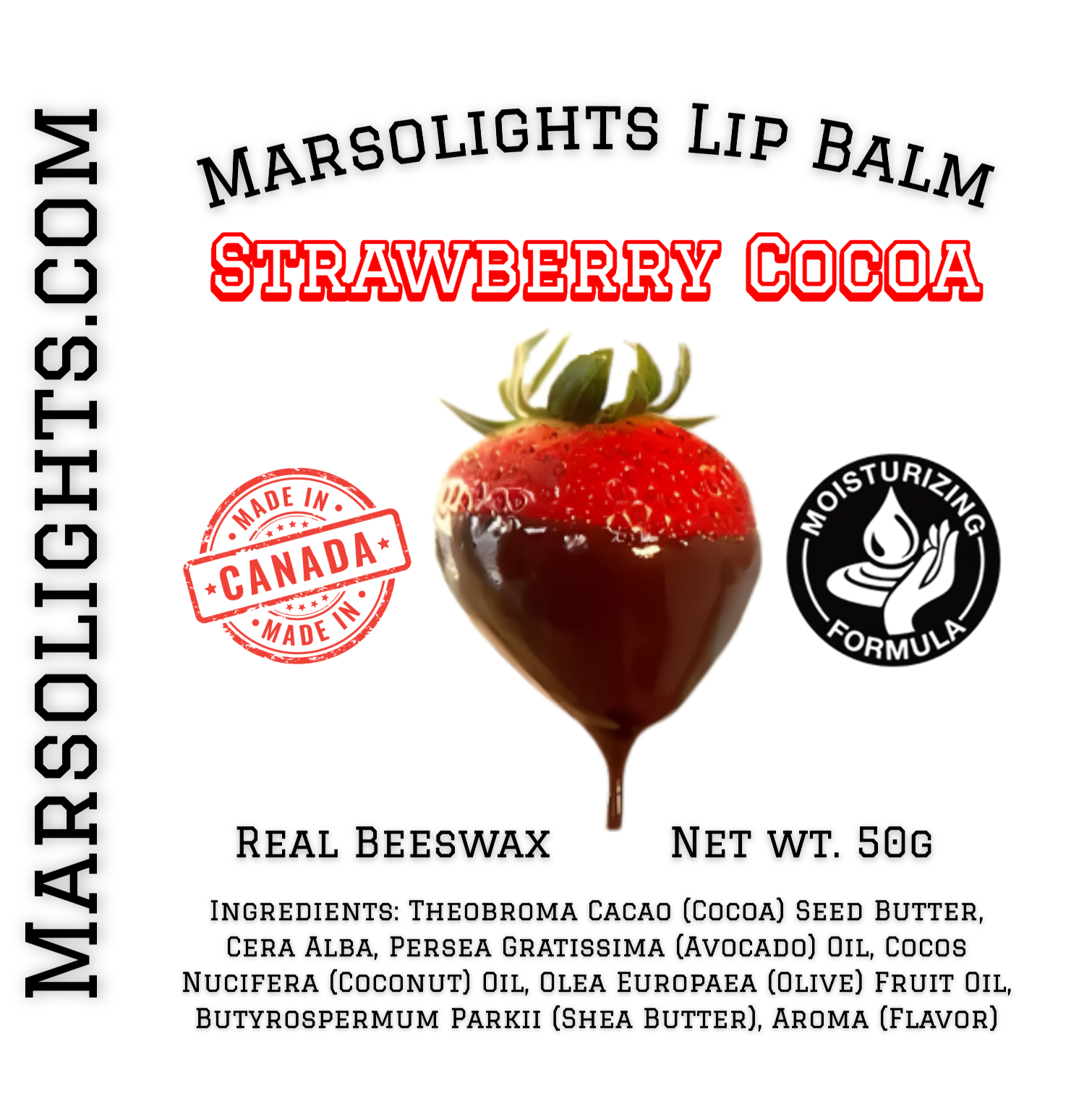 Marsolights Strawberry Cocoa Lip Balm. Made with Cocoa Seed Butter, Bees Wax, Avacado Oil, Coconut Oil, Olive Oil, Shea Butter, and Flavour Oil. Net Weight 50g Made in Canada