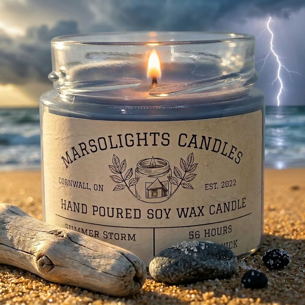 Summer Storm Soy Candle Made in Canada Show on a beach setting with stormy clouds. Fragrance notes as follows 
Top: Mango, Tangerine, Lemon
Mid: Sage, Wormwood
Base: Sandalwood, Patchouli, Tonka Bean
9 ounce or 255 grams 56hour eta burn time. $19.99 CAD