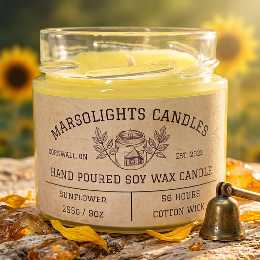 Sunflower scented soy candle -  notes of berries, golden apple, sunflower, lotus, orange blossom, violet, blond woods, musk, and vanilla blossom

9 ounces / 255 grams
Burn time: 56 hours
Cotton Wick
Made in Canada
Paraben Free