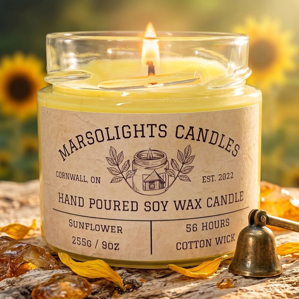 Sunflower scented soy candle -  notes of berries, golden apple, sunflower, lotus, orange blossom, violet, blond woods, musk, and vanilla blossom

9 ounces / 255 grams
Burn time: 56 hours
Cotton Wick
Made in Canada
Paraben Free