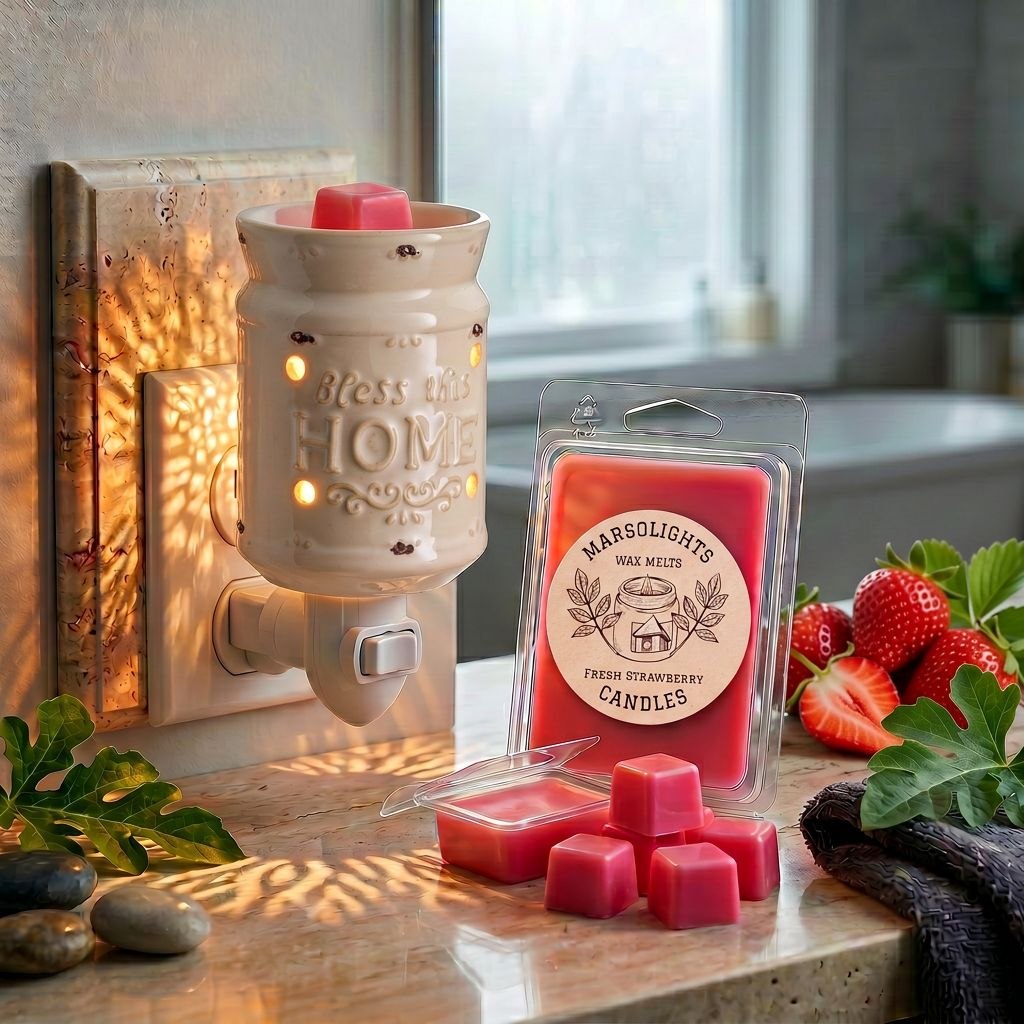 Fresh Strawberry Scented Soy Wax Melt
Size: 80 gram or 2.8 ounces, 6 cubes
Made in Canada
Phthalate & Paraben free
Scent time: 6-8 hour per cube 
Scent Profile:
Top: Fresh Strawberry, Sweet Orange, Citrus Zest
Middle: Juicy Strawberry, Ripe Berry, Soft Floral Notes
Base: White Musk, Warm Amber, Sweet Balsamic Woods