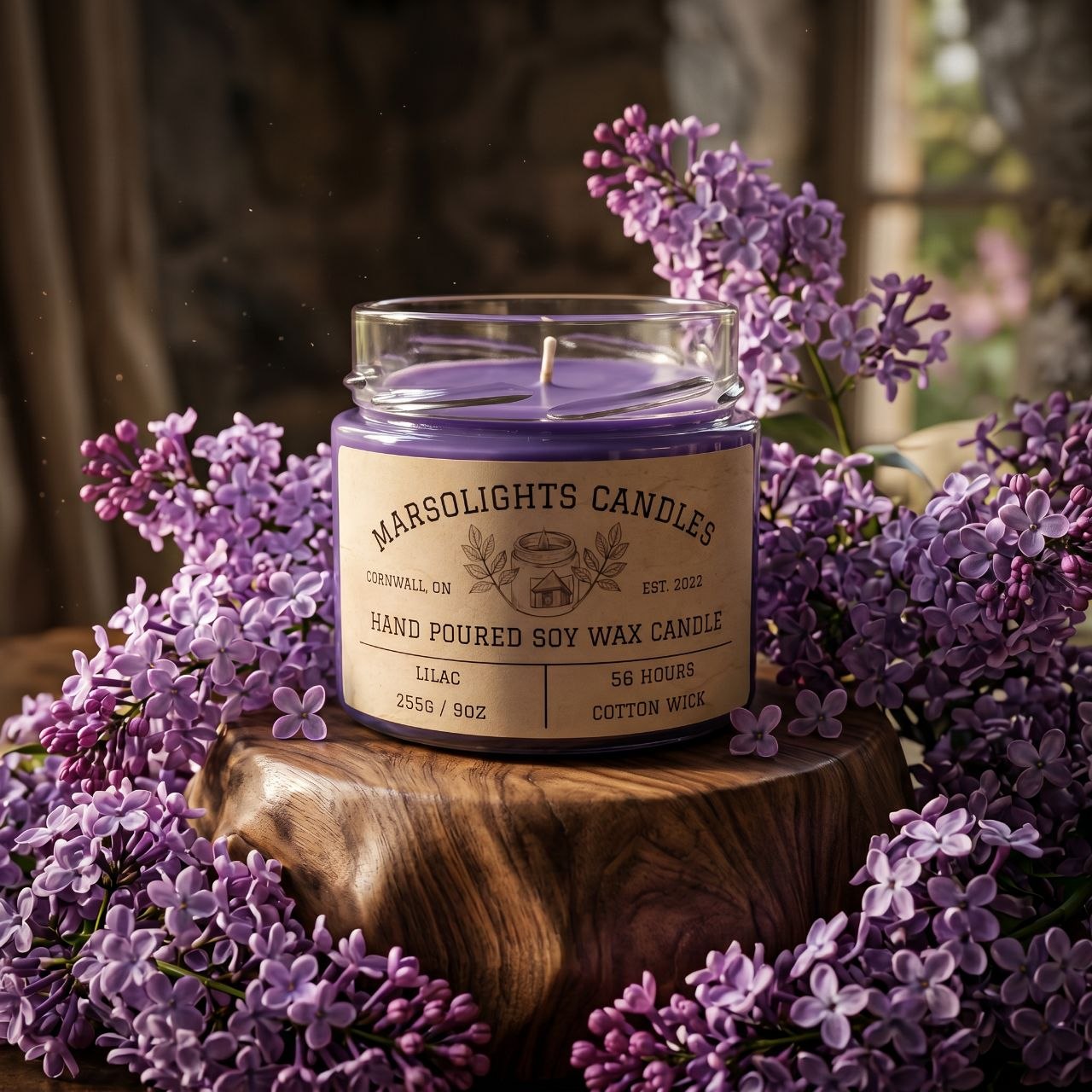 Lilac Scented Soy Candle
Scent Notes: blooming lilac, water lily, bergamot and cedar leaf
Made in Canada
Size: 9 ounces or 255 grams
Burn time: 56 hours
Wick type: Cotton