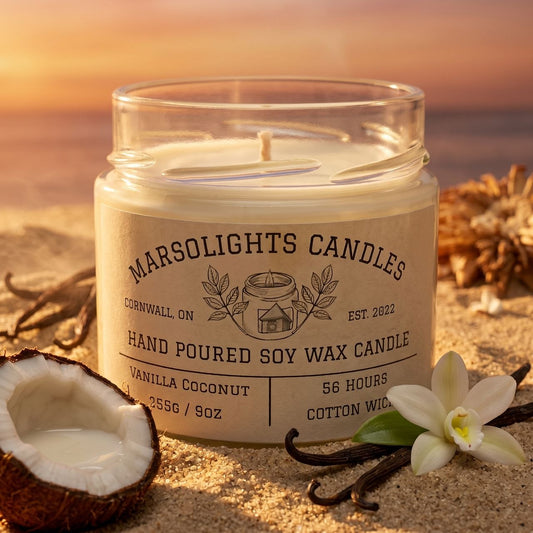 Vanilla Coconut Soy Candle
9 ounce or 255 grams
Made in Canada - Paraben Free
Burn time: 56+ Hours
Wick Type: Cotton Wick
Scent Profile:
Top Notes: Coconut Water
Middle Notes: Coconut Milk
Base Notes: Vanilla