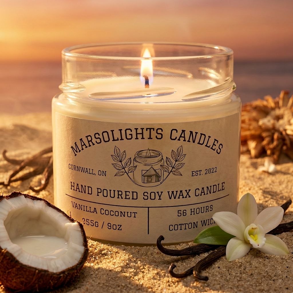 Vanilla Coconut Soy Candle
9 ounce or 255 grams
Made in Canada - Paraben Free
Burn time: 56+ Hours
Wick Type: Cotton Wick
Scent Profile:
Top Notes: Coconut Water
Middle Notes: Coconut Milk
Base Notes: Vanilla