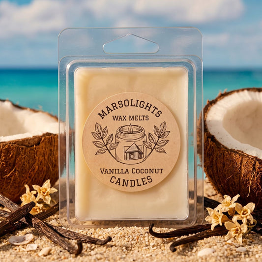 Vanilla Coconut Wax Melts 
Aroma notes featuring: coconut water, soft butter and vanilla crunch
Aroma Time: Approximately 6–8 hours per melt
Soy Wax / Made in Canada / Phthalate Free / Paraben Free