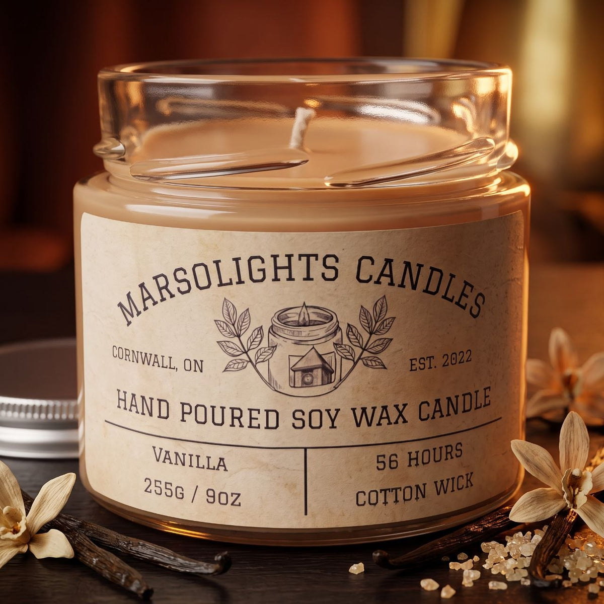 Vanilla Soy Scented Candle on a Wood Table with Vanilla Decor
Fragrance Notes:
Top: Coconut, Vanilla Crunch
Mid: Cinnamon, Honeyed Soft Butter
Base: Cassia Root, Vanilla Sugar, Tonka Bean
Size: 255 grams or 9 ounces
Burn time: 56 Hours
Paraben Free
Made in Canada