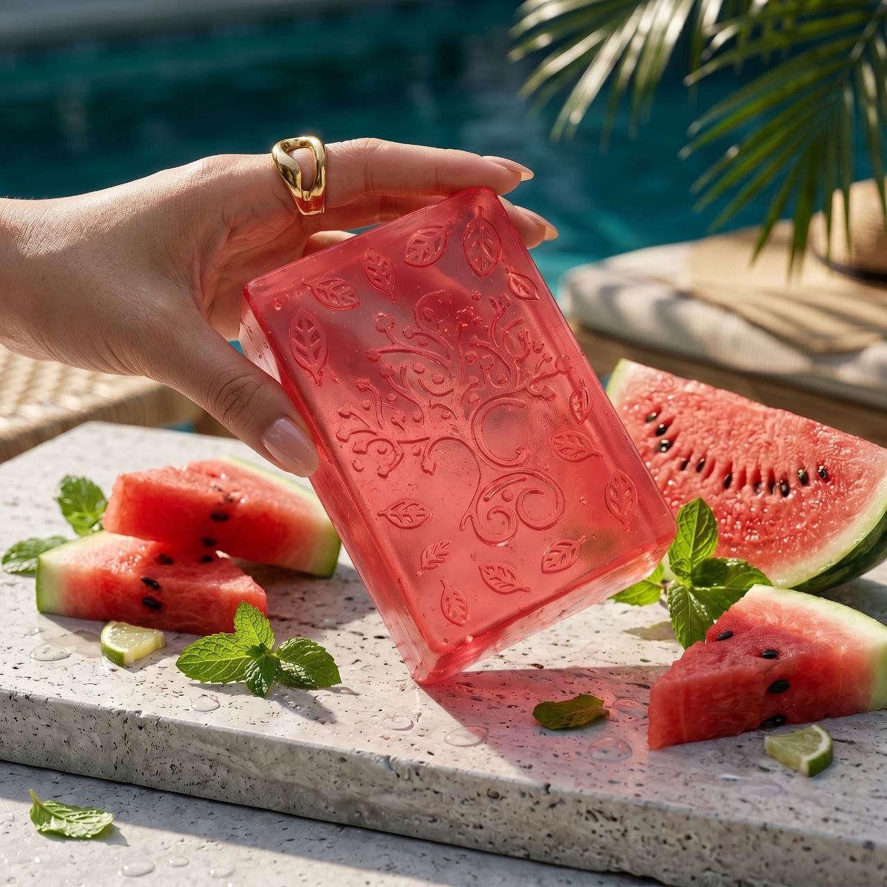Hand holding a red soap bar with watermelon pattern next to watermelon slices on a stone surface.  Watermelon Wedges Bar Soap, crafted with a gentle vegetable oil base designed to cleanse while helping maintain soft, hydrated skin. 