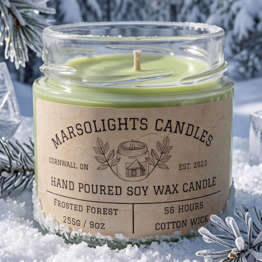 Frosted Forest Soy Candle
Fragrance Notes:
Top: Cool Raspberry, Bergamot, Mint
Middle: Spearmint, Siberian Fir, Peppermint
Base: Cedarwood, Cypress, Musk
Candle Size: 9 oz / 255 g
Burn Time: 56 hours
Cotton Wick / Soy Candle / Made in Canada / Phthalate Free