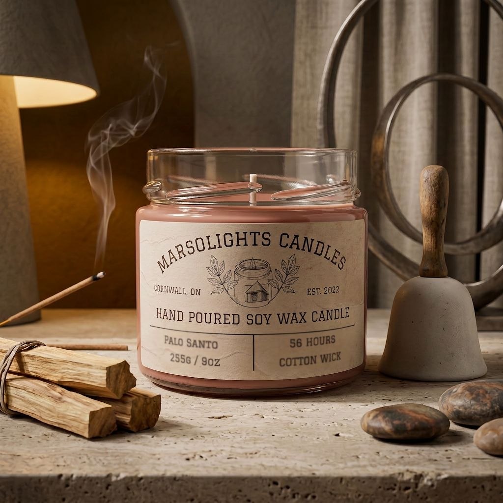 The candle is styled on a rustic stone surface with a Palo Santo Stick and a textured ceramic plate.
Candle Size: 9 ounces or 255 Grams
Scent Profile: Palo Santo Wood, Siberian Fir, Amber, Siberian Fir
Burn time: 56 Hours 
Wick Type: Cotton
Made in Canada