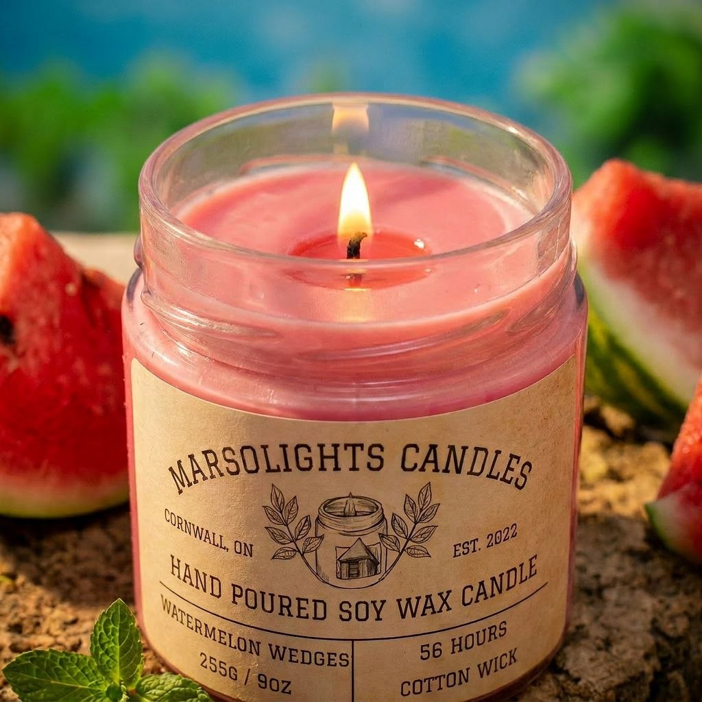 Pink candle in a jar with 'Marsolights Candles' label, surrounded by watermelon wedges. 9 ounce or 255 gras, 56 hour burn time, cotton wick. Similar smell to juicy fruit watermelon or hubba bubba watermelon gum. Made in Canada Shipping Available. $19.99 CAD