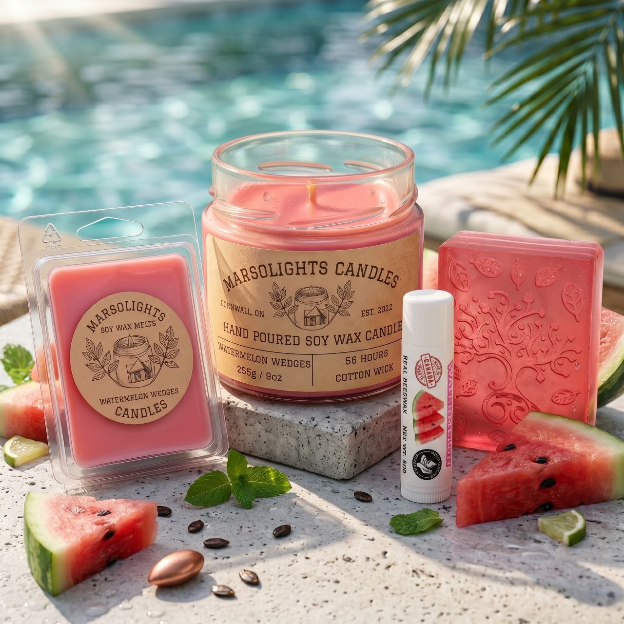 Watermelon Wedges Bundle Feautring a 9 ounce/ 255 gram scented soy wax candle, wax melt clamshell, a glycerin bar soap and a flavoured watermelon lip balm. Sold by Marsolights Candles, Made in Canada. Shipping Availible $30.00 CAD