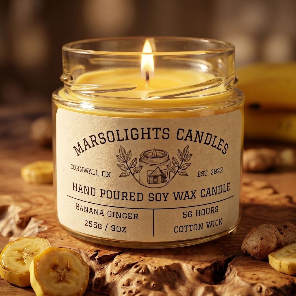 A lit Marsolights Candles soy wax candle in a clear glass jar, surrounded by banana slices, ginger root, and dried botanicals on a rustic wooden surface. 9 ounces or 255 grams. 56 hours burn time, cotton wick