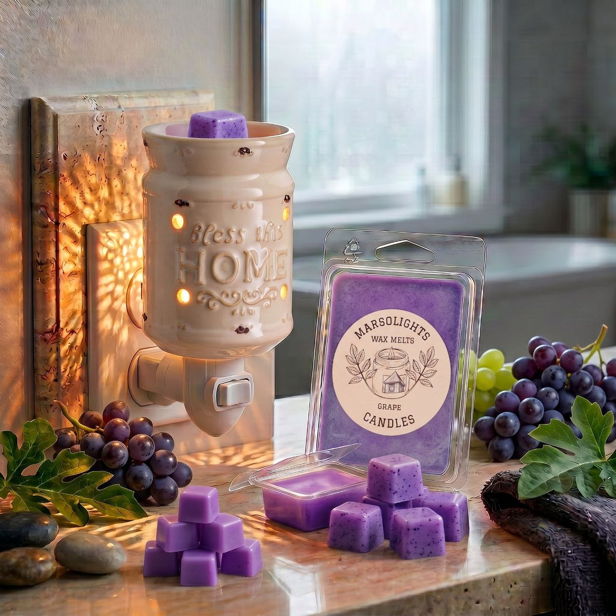 Grape Wax Melts displayed displayed with a plugged in wax warmer in a bathroom. The fragrance features a sweet, juicy grape aroma with subtle citrus, soft floral and sandalwood notes. 80 grams or 2.8 ounces, approximately 8–10 hours aroma per cube, soy wax, made in Canada, paraben free.