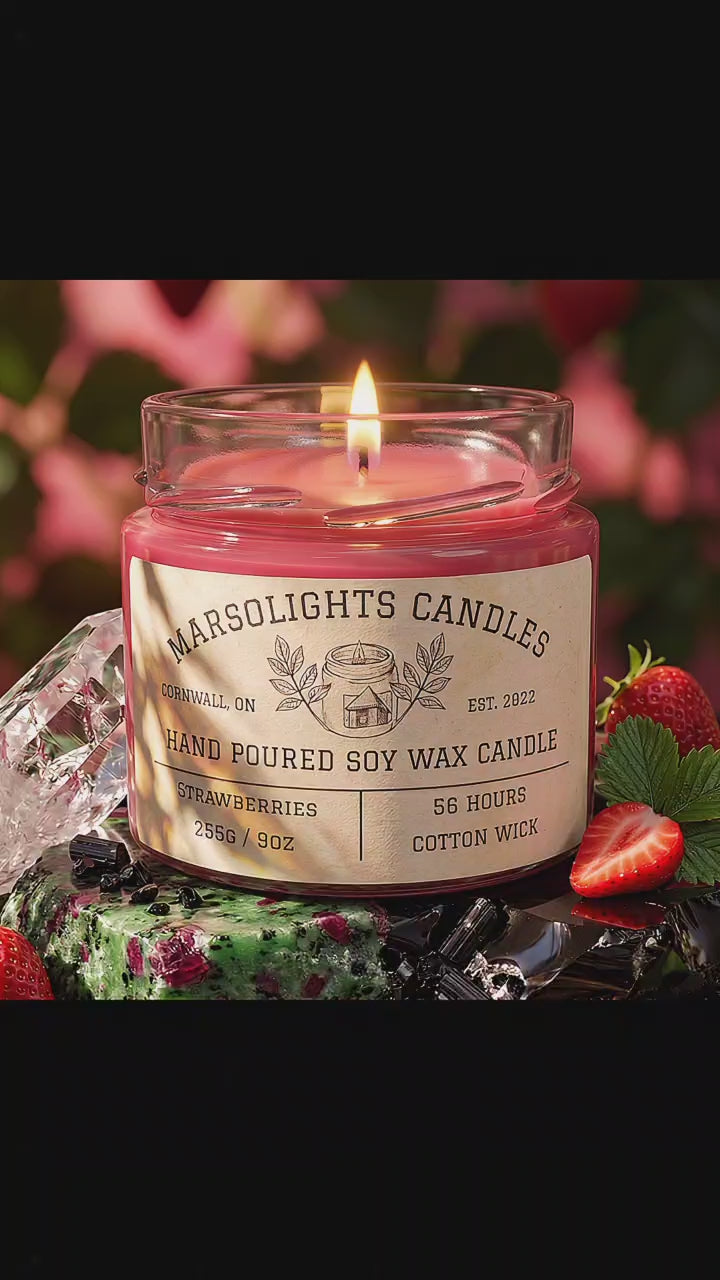 Fresh Strawberries Soy Candle displayed with fresh strawberry and fruit-inspired décor. The candle features ripe strawberries, zesty citrus, tropical pineapple, coconut water and a subtle hint of witch hazel. 9 ounce or 255 grams, 56-hour burn time, cotton wick, soy candle, made in Canada, phthalate free.