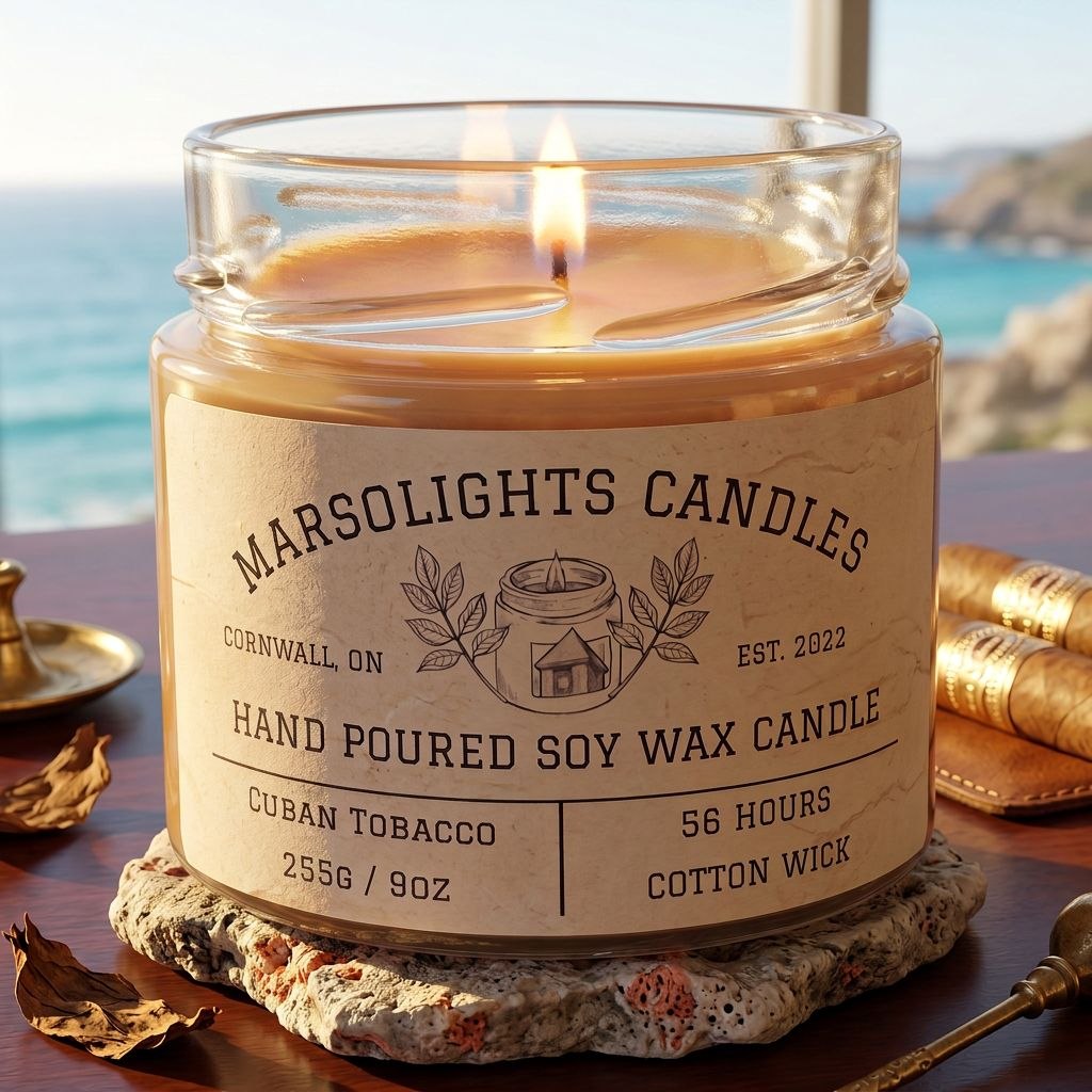 Cuban Tobacco Soy Candle displayed with warm, tobacco-inspired décor. The candle features sweet mango, spicy cardamom and tobacco leaf notes with sage, wormwood, jasmine, sandalwood, cedarwood and creamy tonka bean. 9 ounce or 255 grams, 56-hour burn time, cotton wick, soy candle, made in Canada, paraben free.